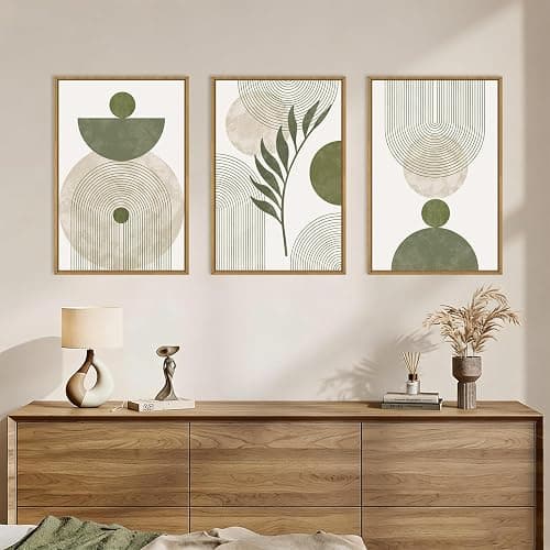 DRACIT Large Sage Green Boho Framed Canvas Wall Art Set-24"x36"x3 | Abstract Modern Beige Green Arch Wall Decor,Minimalist Leaf Lines Artwork for Living Room,Bedroom,Office thumbnail 2