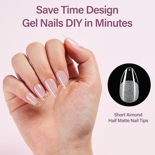 Misssix Short Almond Gel Nail Tips Kit, 216Pcs Pre Etched Clear Fake Nails, Full Cover False Nail 9-in-1 Gel Glue and Portable Mini U V Nail Lamp for Women 12 Sizes thumbnail 2