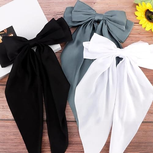 Velscrun 3Pcs Hair Accessories for Women - Black, White, and Navy Blue Oversized Satin Bows with Long Tails and Clips for Girls - Hair Barrettes Gift Set thumbnail 7
