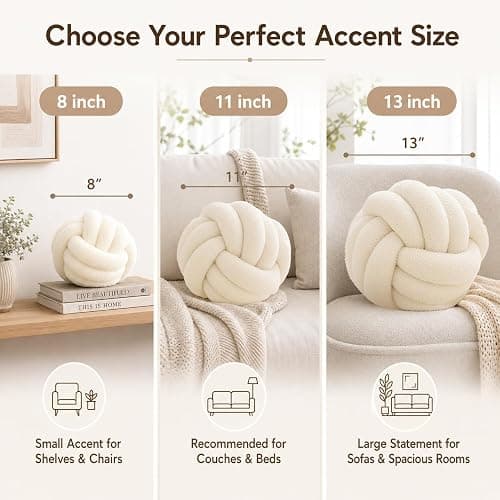 Petrella Ivory White Knot Pillow Ball, 8 Inch Round Decorative Throw Pillow | Lambswool, Handmade, Soft Touch, Machine Washable, Throw Pillow for Couch, Bed, Accent Chair, Bedroom and Living Room Decor thumbnail 2
