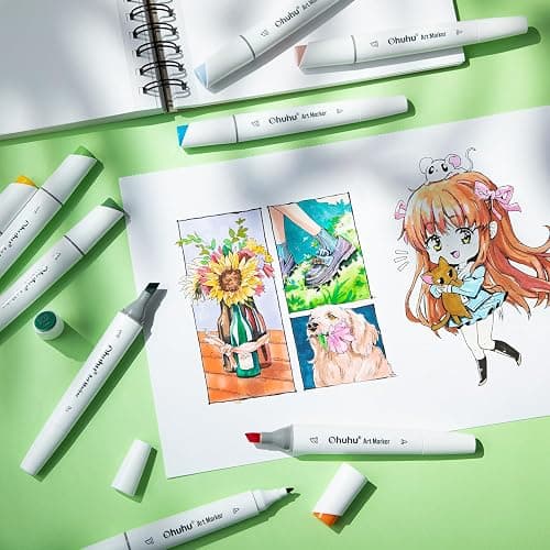 Ohuhu Alcohol Markers, Slim Chisel and Fine Dual Tip Art Marker Set for Colouring Drawing Highlighting - 24 Basic Colours Alcohol Based Ink for Artists Adult(Unique Ergonomic Design) thumbnail 2