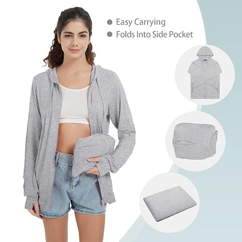 QBK Light Weight Zip Up Hoodie Thin Summer Jacket For Women - Light Grey - Small thumbnail 3