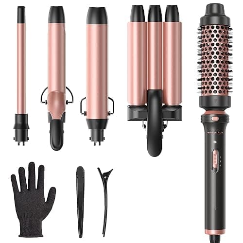 Wavytalk 5 in 1 Curling Wand Set, Dual Voltage Curling Iron Set with 5 Interchangeable Barrels Included A Thermal Brush, A Hair Crimper and 3 Ceramic Curling Wands(0.5"-1.25"), Rose Pink - Image 1