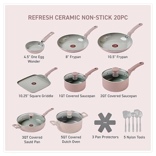 T-Fal Refresh Ceramic Pots and Pans Set, Nonstick Cookware, 20-Piece, Oven Safe to 350°F, Ceramic Cookware Set, Stockpot, Griddle, Frying Pans, Utensils, Dusty Rose thumbnail 2