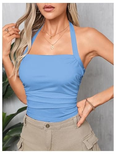 SOLY HUX Women's Ruched Halter Y2K Crop Tops Tie Back Sleeveless Slim Fit Cami Tops - X-Small - Solid Blue thumbnail 5