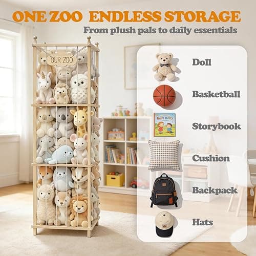MIRCNY Stuffed Animal Storage, 54" Toy Organizer Tower, Anti-Tip Design | Solid FSC-Certified Pine: Durable wooden frame with wall anchors & rounded corners to ensure maximum child safety. thumbnail 10