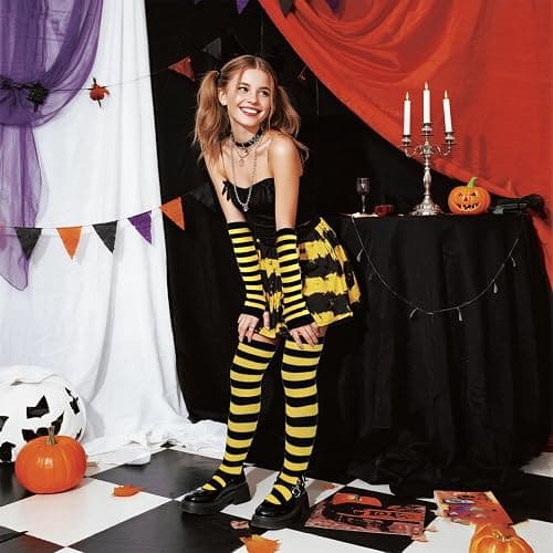 Tongcloud Women's Striped Knee High Socks, Over Knee Thigh High Socks, Arm Warmer and Fingerless Gloves Set thumbnail 5