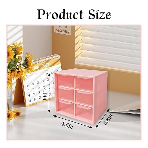Small Mini Drawer Organizer for Desk, 6 Drawers, 4.7" x 4.7" x 3.8" Pink | Small Desktop Organizer with drawers, Teacher Toolbox, Plastic Storage Box for Office, Classroom, Craft and Home Organization thumbnail 2