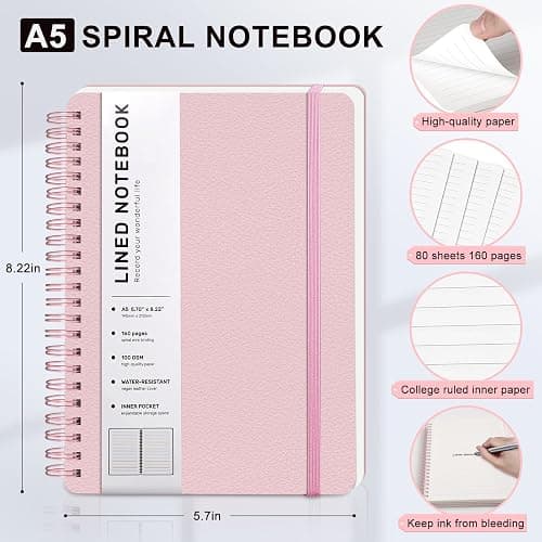 Lined Spiral Journal Notebook, A5 Hardcover Leather Notebook for Work, 5.7''×8.2'', 100GSM Thick Paper Spiral Bound Journaling Notebooks for Women & Men Office School Note Taking Business, Pink thumbnail 3
