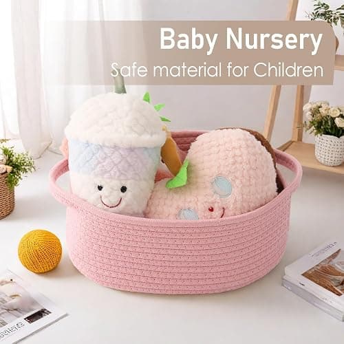 JMvicyroam Woven Basket,Small Rope Storage Bin with Handles & Ribbon Bag, Organizer for Shelves Closets,Gift Basket Empty for Birthday,Books,Dog Toys, Pink thumbnail 5