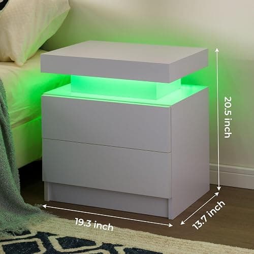 i-aplus White Nightstand set of 2,LED Nightstand with 2 Drawers,Modern Bedside Table with LED Light,End Side Table for Bedroom,White thumbnail 2