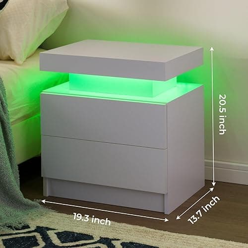 i-aplus Nightstand Set of 2 LED Nightstand with 2 Drawers,Night Stand Set 2 with LED Light,Bedside Table with Drawers for Bedroom,White - White thumbnail 2
