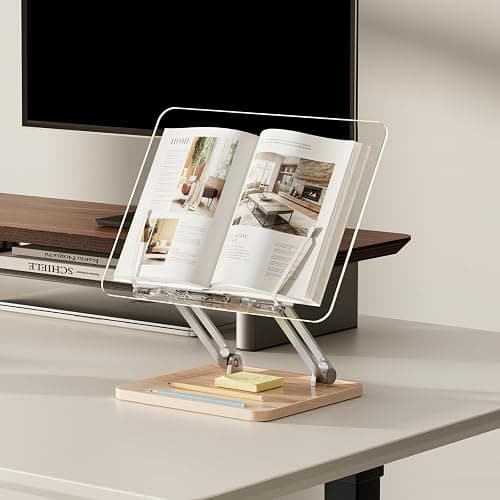 Adjustable Acrylic Book Stand for Reading, Book Holder with Pen Slot, Foldable Desktop Riser for Laptop, Recipe, Textbook - Hands-Free,Cookbook Stand, Clear Design with Page Clips - Clear Acrylic thumbnail 6