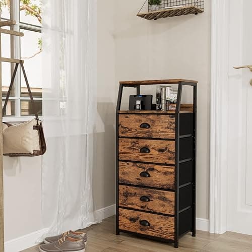 Furnulem Tall 5 Drawers Dresser, Vertical Storage Tower Fabric Dresser for Bedroom, Hallway, Entryway, Nursery, Closet Organizer, Nightstand Bedside Table Furniture, Sturdy Steel Frame, Wood Top thumbnail 2