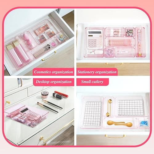 Kitchen Desk Drawer Organizers Storage for Office, Small Acrylic Vanity Trays Makeup Organizer for Drawer Bathroom Plastic Make up Organizers 25 Pcs Pink thumbnail 4