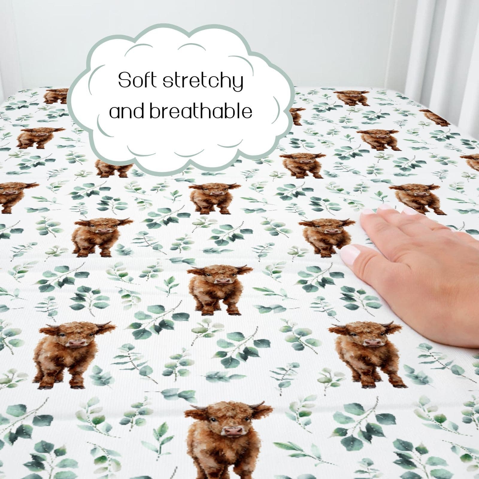 HawSkgFub Highland Cow Eucalyptus Leaf Fitted Standard Crib Sheet for Baby Boy Girl, Neutral Western Farm Animal Yak Toddler Mattress Cover, Soft Stretchy Nursery Bed Sheets Decor Kids Gift 52" x 28" thumbnail 3