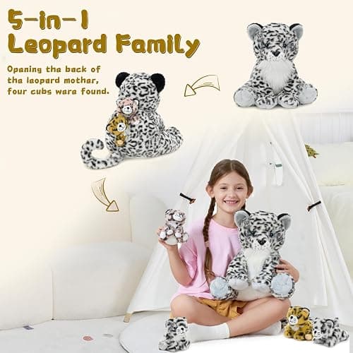 MorisMos Snow Leopard Stuffed Animal with Babies Inside, 5Pcs Mommy Stuffed Snow Leopard with Baby Cubs,14'' Soft Cheetah Stuffed Animals for Kids Girls Boys,Cuddly Plush Toys for Baby Shower Birthday thumbnail 4