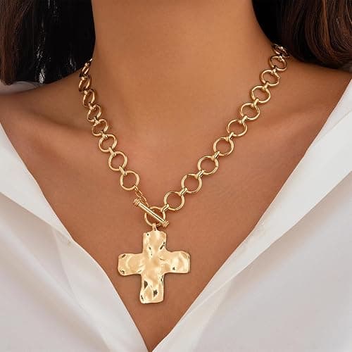 Atiptu Gold Chunky Cross Necklace for Women Statement Cross Pendant Necklace Layered Hammered Bold Cross Necklace Vintage Toggle Clasp Necklace Jewelry thumbnail 3