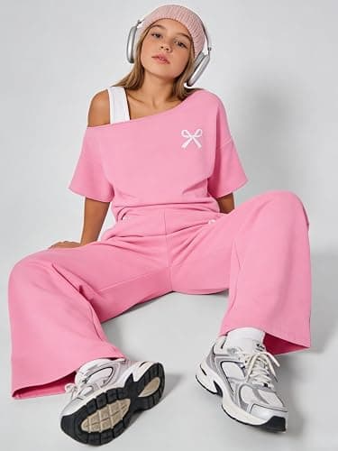Kxuryueo Teen Girls Clothes Off the Shoulder Top and Wide Leg Pants Matching Outfit Set with Pockets Size 7-16 thumbnail 6