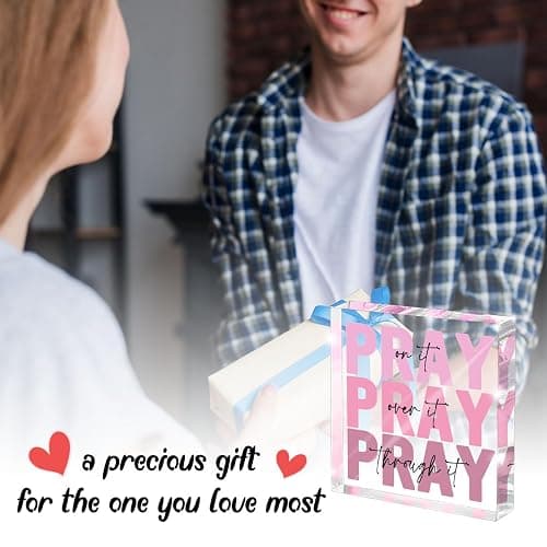 zaxek Pink Inspirational Decor Pray Over It Bible Verse Wall Art Christian Gifts for Women, 4x 4 Inches Office Desk Accessories Decor Sign, Pink Dorm Room Decor for Women - Pray on it Pray through it - Modern thumbnail 5