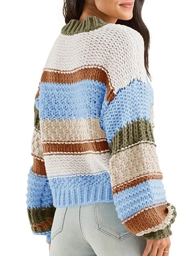 Saodimallsu Womens Color Block Sweater Striped Chunky Knit Cropped Sweaters Crewneck Fall Long Sleeve Loose Pullover Tops thumbnail 3