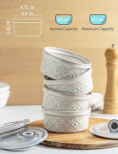 MISSYSSIM 12 oz Souffle Ramekins Oven Safe with Lids, Small Creme Brulee Dishes, Ceramic Custard Cups Baking Bowls for Dessert, Dipping Sauce, Pudding, Set of 4, Beige thumbnail 4