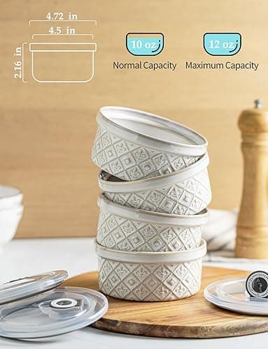 MISSYSSIM 12 oz Souffle Ramekins Oven Safe with Lids, Small Creme Brulee Dishes, Ceramic Custard Cups Baking Bowls for Dessert, Dipping Sauce, Pudding, Set of 4, Beige thumbnail 5