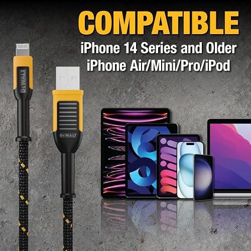 DEWALT Heavy Duty USB to Lightning Cable [Apple MFi Certified] Durable iPhone Charger, Lightning Cables, Fast Charging iPhone Charger Cord Compatible w/iPhones 14/13/12/11 Pro Max iPad AirPods, 10FT thumbnail 8