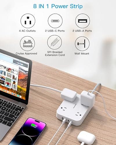 Flat Plug Extension Cord, 4 Widely Power Strip with 4 USB Ports(2 USB C) | HANYCONY 5ft Outlet Extender, Wall Mount, Desk Charging Station for Office School Travel Dorm Room Essentials, ETL Listed thumbnail 6