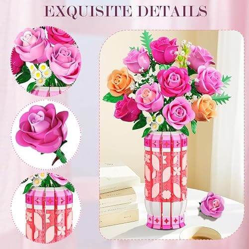 CUBIMANA Romantic Pink Roses Bouquet Building Set with Vase & LED Light, Easter Gifts for for Her/Women/Adults, 3.6MM Mini Flowers Building Toys, Artificial Flowers for Home Office Decor & Display thumbnail 7