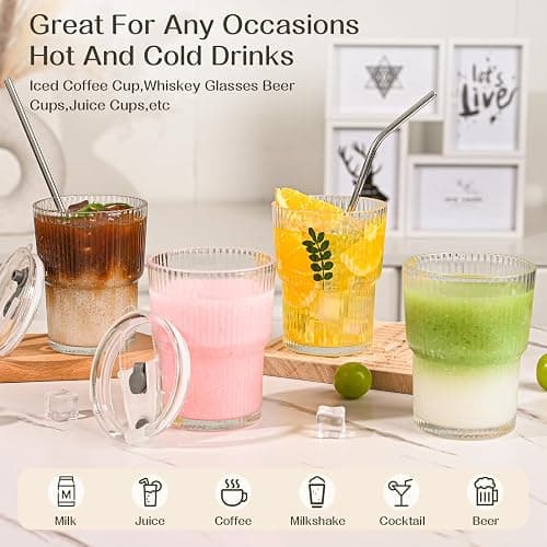 AUFXKOO 13oz Iced Coffee Cups,4Pcs Glass Cups with Lids and Straws Drinking Glasses,Clear Ribbed Glassware,Reusable Tumbler Glass to Go Cup for Matcha, Iced Tea,Juice thumbnail 6