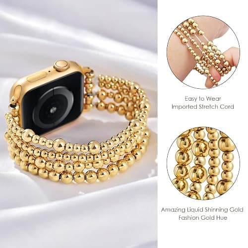 AIRSPO Gold Beaded Bracelets Compatible for Apple Watch Band 38mm 40mm 41mm 42mm Women, Fashion Handmade Dressy iPhone Watch Bands Stainless Steel Beads Elastic Strap for iWatch Series 11 10 9 SE 8 7 6 5 4 3 2 1 Gold Bead thumbnail 2