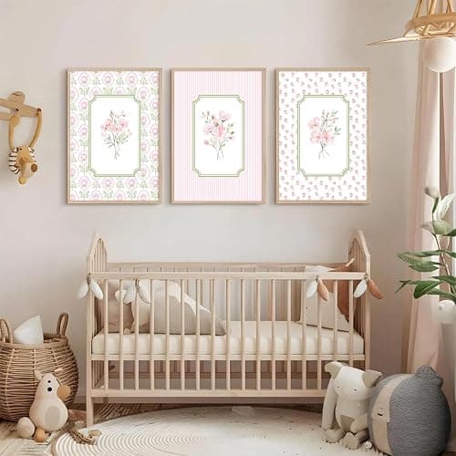 Pink Floral Wall Art Nursery Flower Canvas Wall Decor Baby Girl Wildflower Pictures Aesthetic Striped Botanical Poster Prints Pink Green Floral Painting Artwork for Girl Room 12x16 Inch Unframed 3Pcs thumbnail 5
