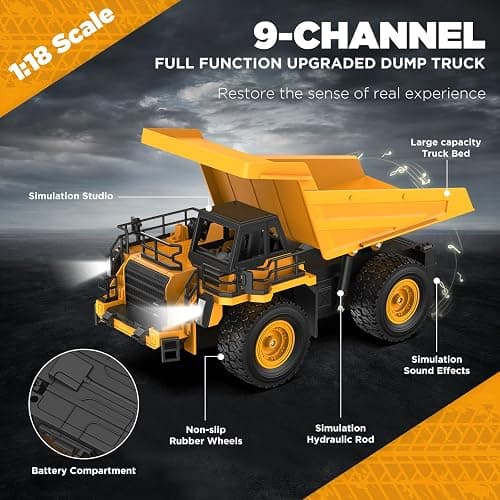 9-Channel RC Dump Truck Toy | 1:18 Scale Construction Vehicle with Working Bed, Lights & Sounds, All-Terrain Tires, 100-Min Rechargeable Battery, 2025 New STEM Birthday Gift for Kids 6-12 & Adults thumbnail 3