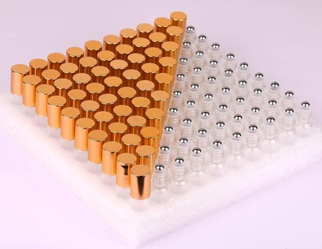MaxMau Pack of 100,5ml Clear Glass Roll on Bottle Essential Oil Roller Bottles with Stainless Steel Roller Balls and Golden Painted Lids for Daily Aromatherapy Sample Test Travel thumbnail 7