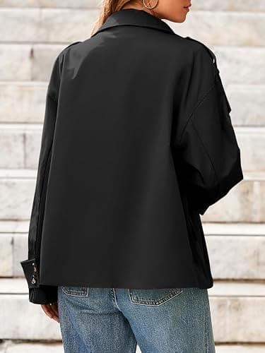 Tankaneo Womens Cropped Trench Coat Oversized Double Breasted Stand Collar Short Jacket Fall Casual Work Outerwear thumbnail 4