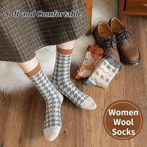 FORJMMP 5/10 Pairs Wool Socks for Women Thick Knit Vintage Cute Floral Crew Socks thumbnail 5