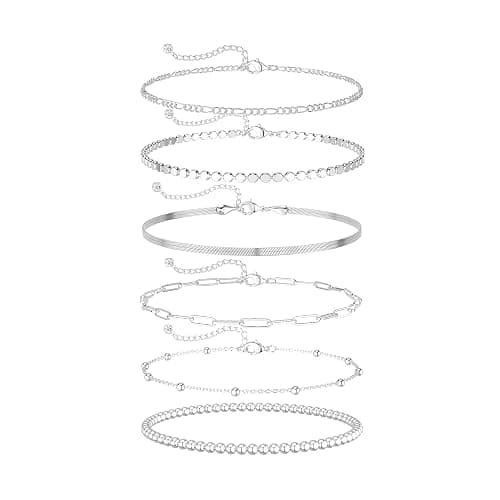 DEARMAY Dainty Silver Plated Chain Bracelets for Women Trendy, Waterproof Silver Jewelry Sets Fashion Stackable Beaded Figaro Herringbone Paperclip Chain Bracelet Pack Stack Gifts - Image 1