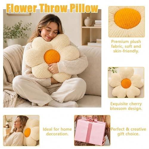 QFWFG Flower Floor Cushion, Soft Plush Daisy Throw Pillow, Aesthetic Cute Floor Pillow Decorative Scatter Seat Cushion for Sofa Bed Bedroom Home Decor, White 15.7 Inch thumbnail 4