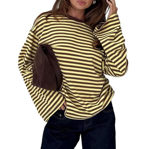 Prosperandoes Striped Oversized Long Sleeve Sweatshirts Women Y2k Crewneck Vintage Pullover Preppy Shirts Crop Top Streetwear - Image 1