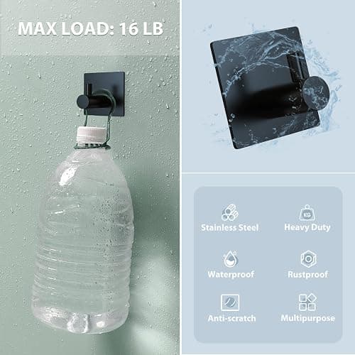 VIS'V Adhesive Towel Hooks, Waterproof Shower Wall Stick on Hooks, 2 Extra Adhesive Strips, Black, 4 Pcs thumbnail 5