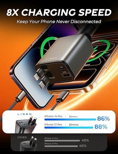 LISEN Retractable Car Charger, Gifts for Men Women, 69W Cars Adapter USB C Fast Charger for iPhoen 17, Car Accessories for Men Women, Gifts for Dad Mom, for iPhone 17 Pro Max Air 16 15 14 13 12 Plus thumbnail 10