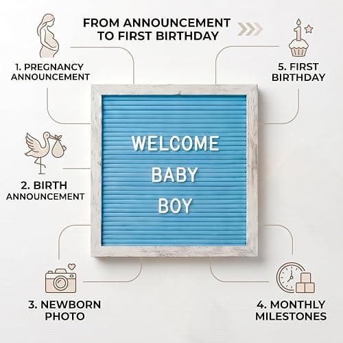 Rustic Blue Felt Letter Board 10x10 Inch for Baby Boy Announcements | 336 letters, numbers and symbols with a tabletop stand and wall hanger for newborn photos, milestones and birthdays thumbnail 3