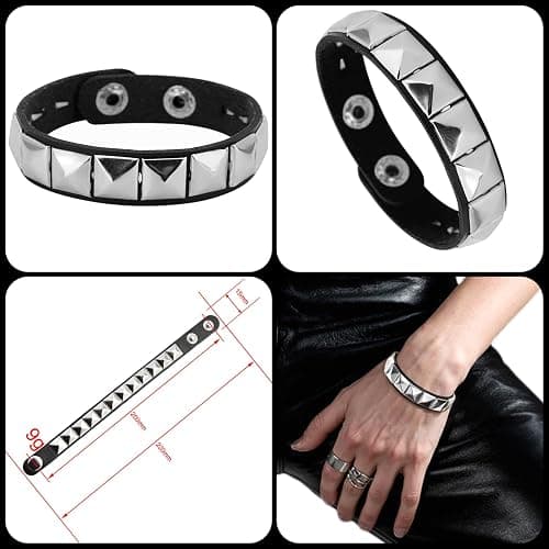 4 Pcs Leather Studded Bracelets for Women, Mens Spiked Punk Rock Grunge Cuff Wristbands Emo Accessories Set for 80s 90s Outfits thumbnail 3