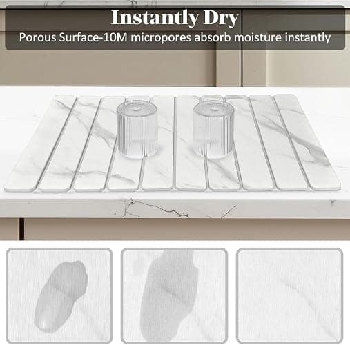 Large Stone Dish Drying Mats for Kitchen Counter, Quick Dry Dish Drying Mats, Foldable Absorbent Diatomaceous Earth Mats for Dishes Cups, Match Any Countertop (24"×16" & 8"x4" White Marble ) thumbnail 4