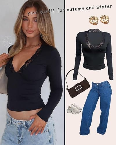 ZREQV Women's Long Sleeve Crop Tops Sexy V Neck Trim Lace Tees Y2K Spring Fashion Slim Fitted T Shirts Going Out Tops thumbnail 3