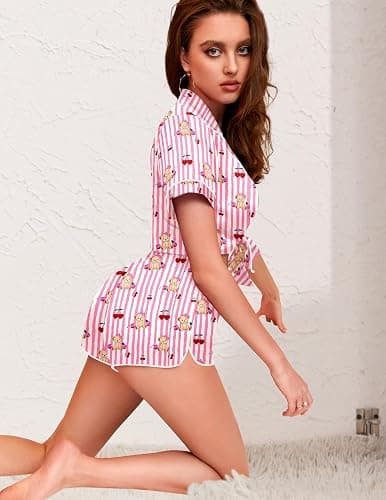 Ekouaer Womens Silk Satin Pajamas Set Short Sleeve Sleepwear Button Down Loungewear 2 Piece Pjs Shorts Set S-5X Plus Size thumbnail 3