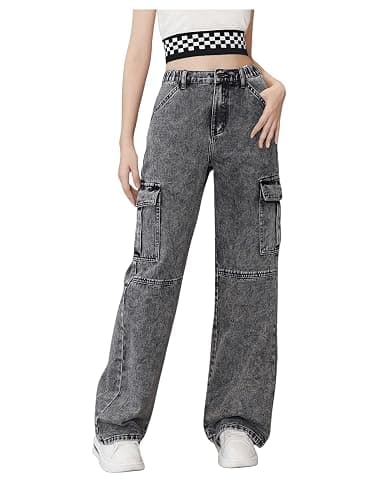 OYOANGLE Girl's Washed Elastic Waist Wide Leg Cargo Jeans Casual Denim Pants with Pocket - Image 1