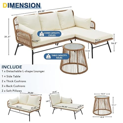 EROMMY 3 Piece Patio Furniture Set, L-Shaped Sectional Conversation Sofa Set with Thick Cushions and Toughened Glass Coffee Table for Backyard Balcony Garden Porch, White thumbnail 3