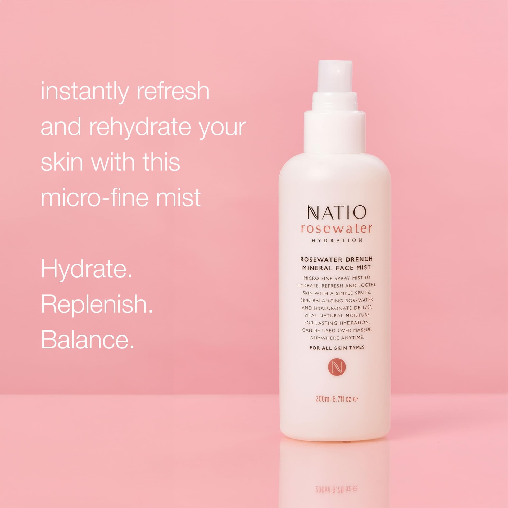 Natio Australia Rosewater Hydration Drench Mineral Face Mist 200ml - Refreshing Skin Balancing Rosewater & Hyaluronate Facial Mist - Hydrating, Replenishing & Balancing - Made in Australia thumbnail 5